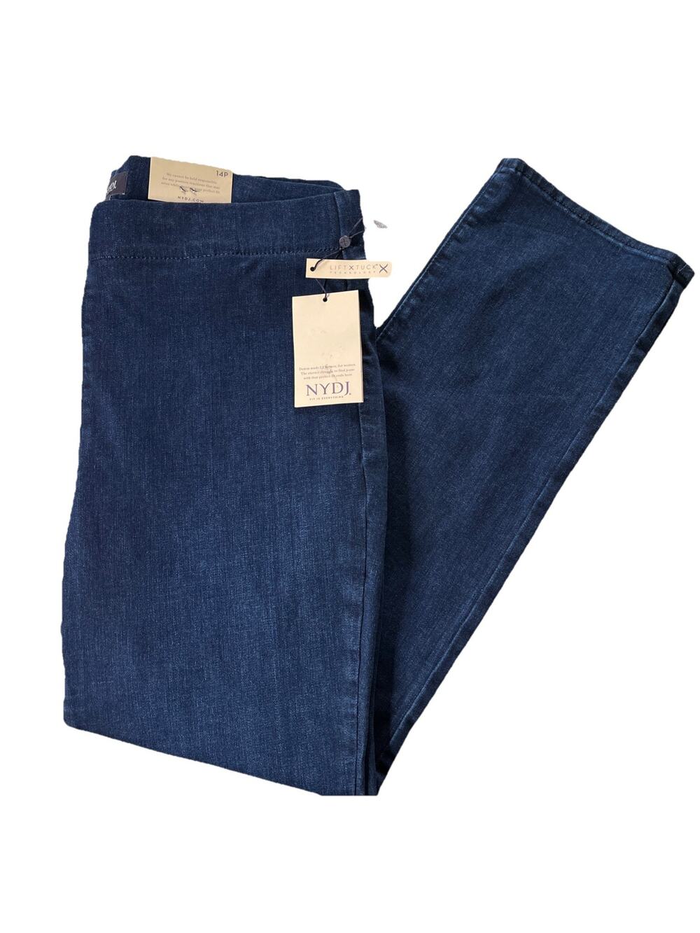 NYDJ Women's 14P Petite Blue Pull On Straight Lift Tuck Stretch Jeans NWT